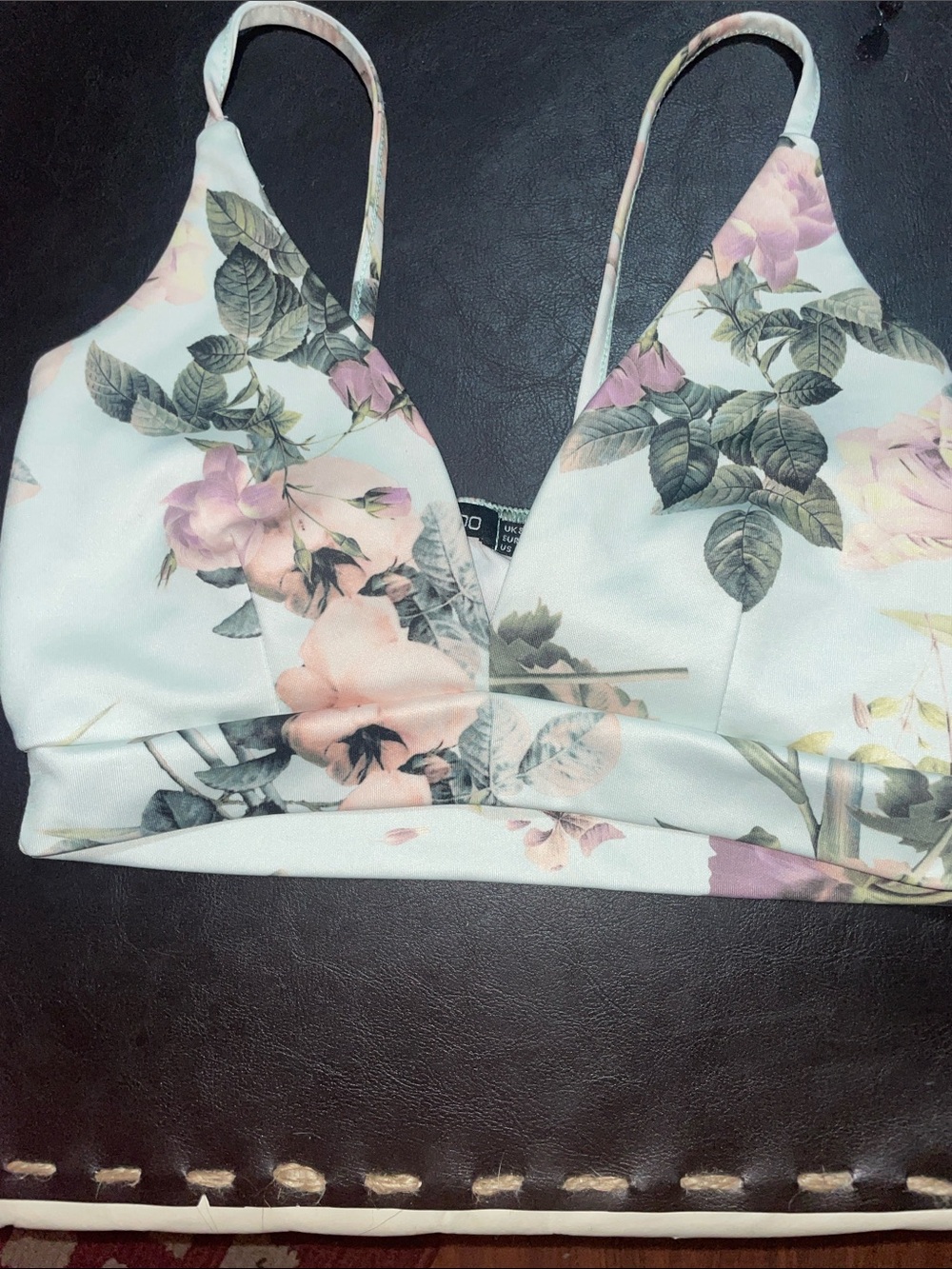Boohoo White Floral Crop Top with Pink & Green Print